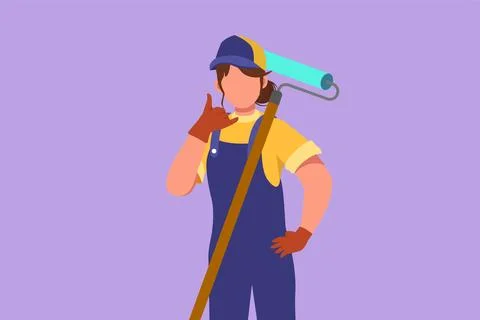 Cartoon flat style drawing active handywoman holding long paintbrush roll w.. Stock Illustration
