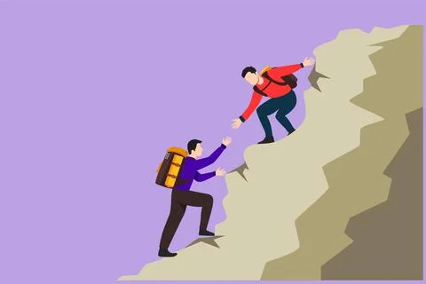 Cartoon flat style drawing of active two men hiker helping each other on to.. Ilustração Stock
