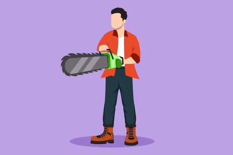 Cartoon flat style drawing active worker using the chainsaw. Wearing suspen.. 스톡 일러스트