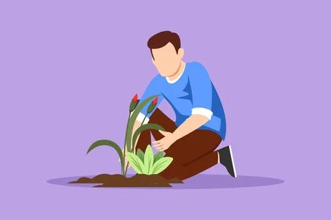 Cartoon flat style drawing of active young man plants, protects tree seedli.. イラスト素材