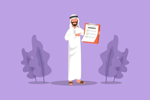 Cartoon flat style drawing Arab businessman standing and pointing to checkl.. Stock Illustration
