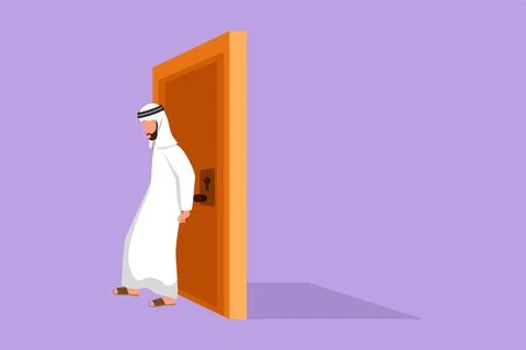 Cartoon flat style drawing Arab businessman pushing door with his back. Bus.. Stock Illustration
