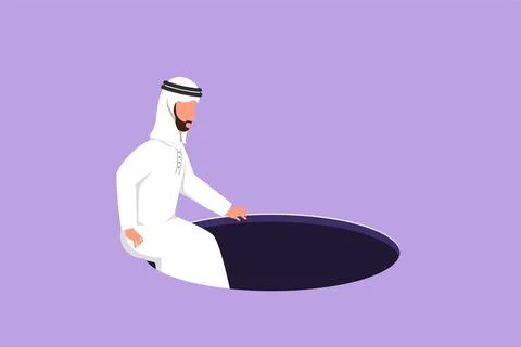 Cartoon flat style drawing Arab businessman descends into the hole. Concept.. Stock Illustration