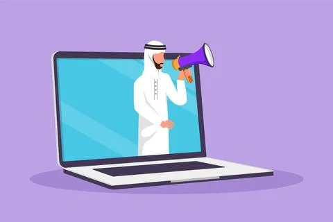 Cartoon flat style drawing Arab man coming out of laptop computer screen ho.. Stock Illustration