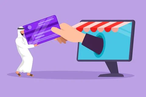 Cartoon flat style drawing Arab man inserting credit card into big canopy m.. Stock Illustration