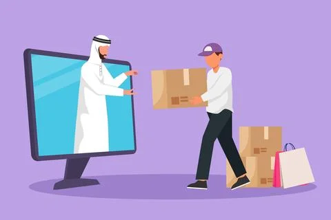 Cartoon flat style drawing Arab man customer receives boxed package, throug.. Stock Illustration