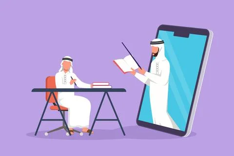 Cartoon flat style drawing Arab male student sitting on chair with desk stu.. Stock Illustration
