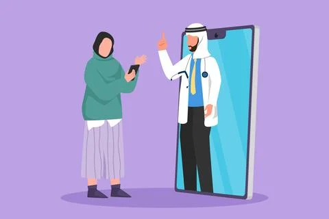 Cartoon flat style drawing Arab female patient holding cell phone standing .. Stock Illustration