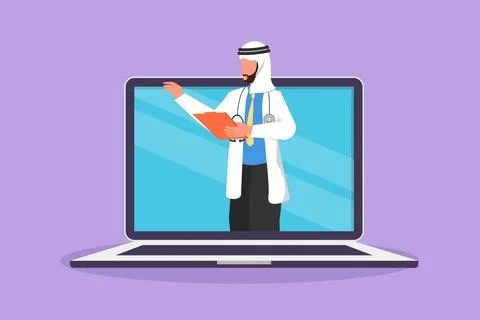 Cartoon flat style drawing Arab male doctor come out of laptop computer scr.. Stock Illustration