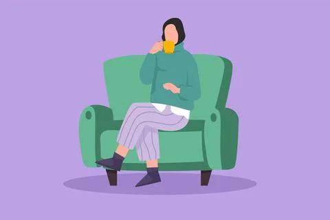 Cartoon flat style drawing Arab female relaxing on comfortable couch with c.. Stock Illustration