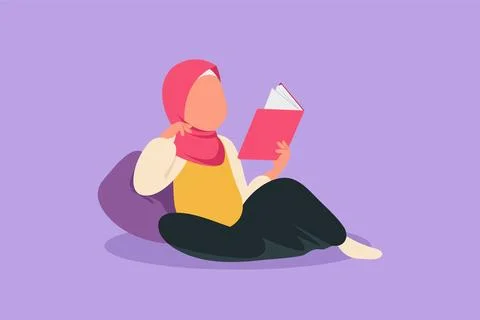 Cartoon flat style drawing Arab little girl reading, learning and leaning o.. Stock Illustration