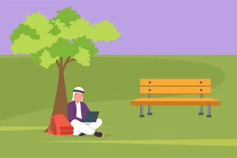 Cartoon flat style drawing Arab businessman sitting in park under a tree an.. Ilustración de archivo