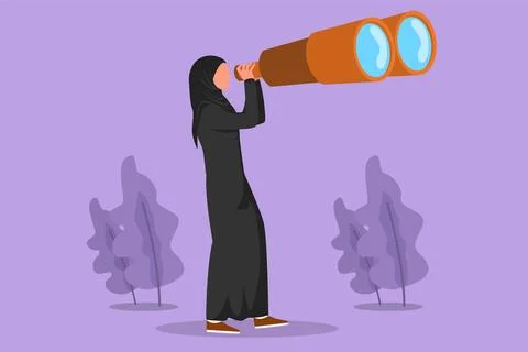 Cartoon flat style drawing Arab female tourist looking through huge binocul.. Ilustración de archivo