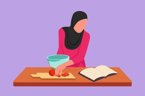 Cartoon flat style drawing Arab woman cooking meal while reading tutorial b.. Stock Illustration