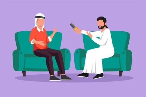 Cartoon flat style drawing Arab journalist interview with famous person. Te.. Illustrazione stock