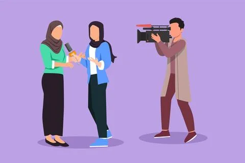 Cartoon flat style drawing Arab woman journalist with microphone, interview.. Stock Illustration