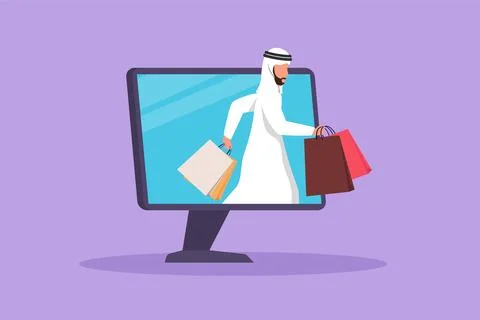 Cartoon flat style drawing Arabian man coming out of monitor computer scree.. Stock Illustration