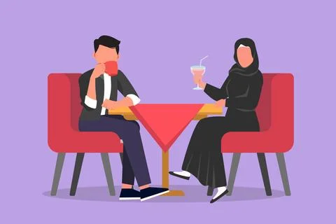 Cartoon flat style drawing Arabian couple sitting and drink coffee or milks.. Stock Illustration