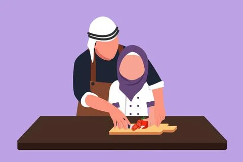 Cartoon flat style drawing Arabian father teaching daughter to cut vegetabl.. Stock Illustration
