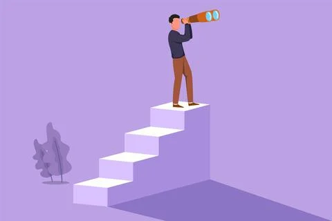 Cartoon flat style drawing attractive businessman standing on stairs with b.. イラスト素材