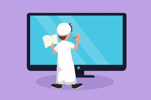 Cartoon flat style drawing back view of Arab pre schooler boy student writi.. Stock Illustration