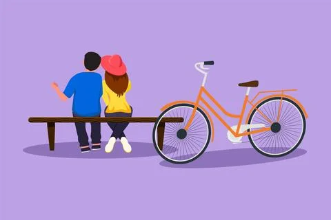 Cartoon flat style drawing back view of romantic couple talking while sitti.. Illustrazione stock