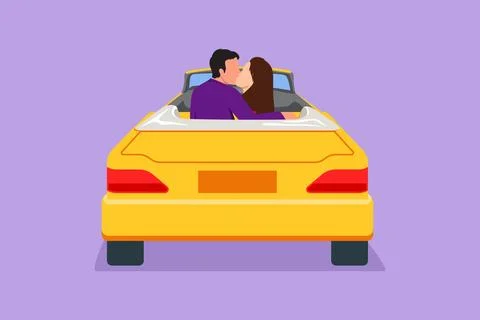 Cartoon flat style drawing back view of two romantic lovers sitting in vint.. イラスト素材