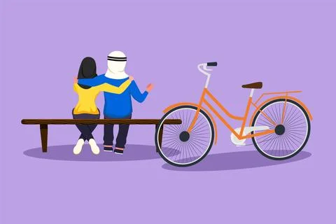 Cartoon flat style drawing back view of romantic Arabian couple talking whi.. Stock Illustration