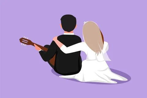 Cartoon flat style drawing back view married couple playing guitar with wed.. イラスト素材