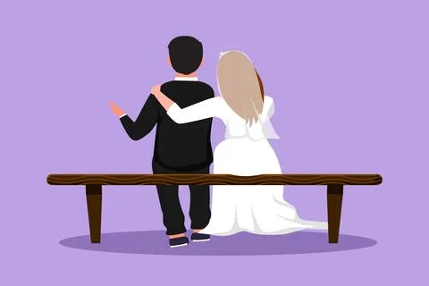Cartoon flat style drawing back view of embracing married couple sitting on.. イラスト素材