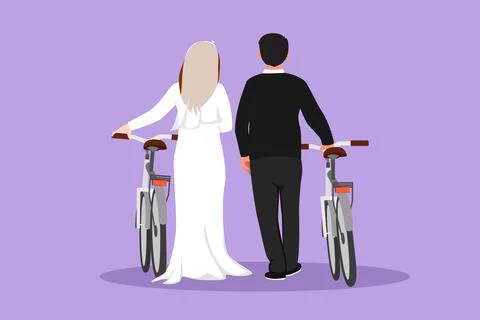 Cartoon flat style drawing back view of man and woman wearing wedding dress.. Stock-Illustration