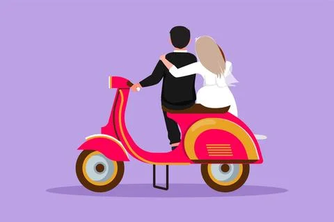 Cartoon flat style drawing back view of married riders couple trip. Romanti.. Ilustración de archivo