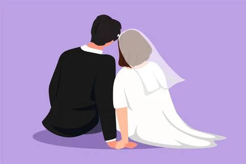 Cartoon flat style drawing back view of happy married couple in love sit ho.. Illustrazione stock