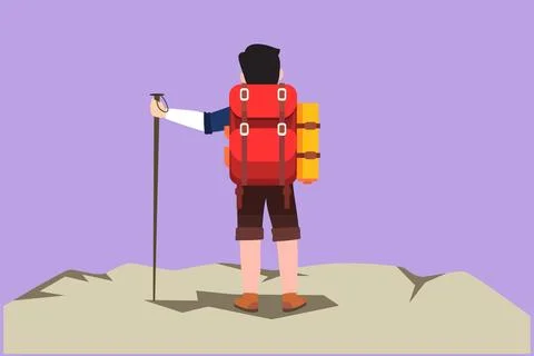 Cartoon flat style drawing back view of hiker with backpack on top of mount.. Stock Illustration