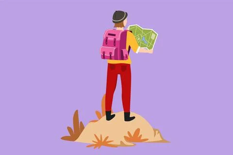Cartoon flat style drawing back view of woman hiker with backpack and map h.. Ilustración de archivo