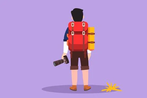 Cartoon flat style drawing back view of active man holding camera standing .. Illustrazione stock