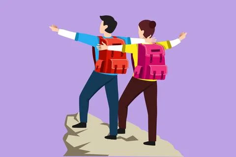 Cartoon flat style drawing back view of romantic couple hikers with raised .. イラスト素材