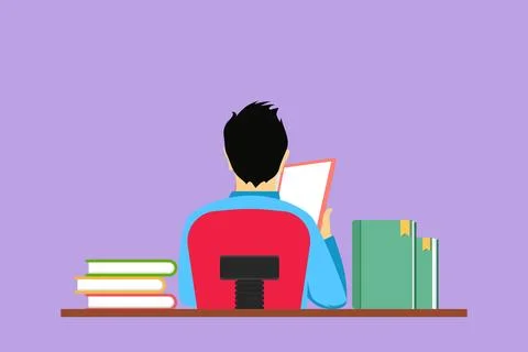 Cartoon flat style drawing back view of young man sitting at desk and readi.. Stock Illustration