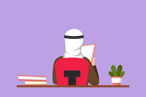 Cartoon flat style drawing back view of Arab man sitting at desk and readin.. Stock Illustration