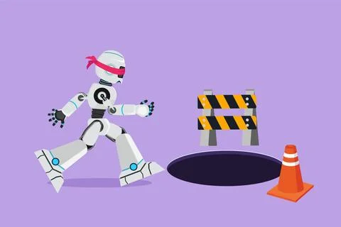 Cartoon flat style drawing blindfolded robot running to tech business trap... Stock Illustration