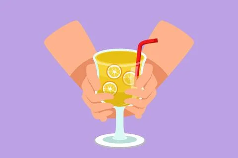 Cartoon flat style drawing cold lemonade with ice in male hand against the .. イラスト素材