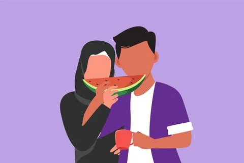 Cartoon flat style drawing cute young Arabian couple eating watermelon on o.. Stock Illustration