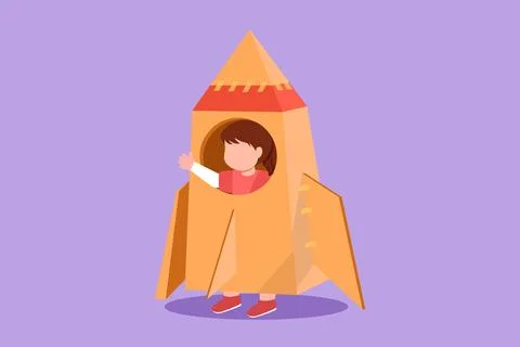 Cartoon flat style drawing cute creative little girl playing as astronaut. .. イラスト素材