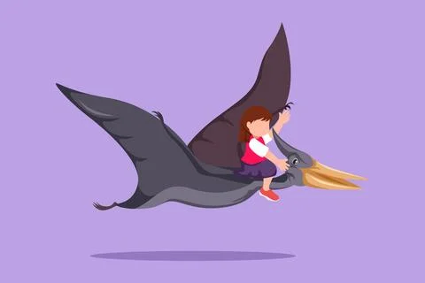 Cartoon flat style drawing cute little girl riding flying dinosaur. Pteroda.. Stock Illustration