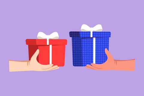 Cartoon flat style drawing of different male hand hold present box gift, so.. Stock Illustration