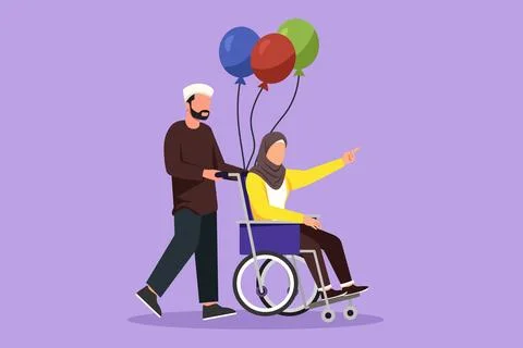 Cartoon flat style drawing disability people. Arab man carries disabled wom.. Ilustração Stock