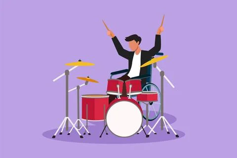 Cartoon flat style drawing disabled handsome man in wheelchair playing drum.. Ilustração Stock