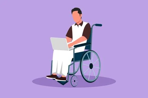 Cartoon flat style drawing disabled Arab man working on laptop. Wheelchair,.. Stock Illustration