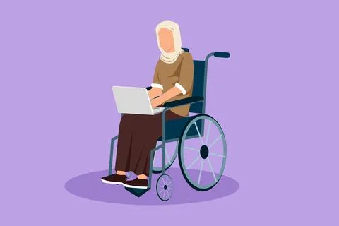 Cartoon flat style drawing disabled Arab woman working on laptop. Wheelchai.. Stock Illustration