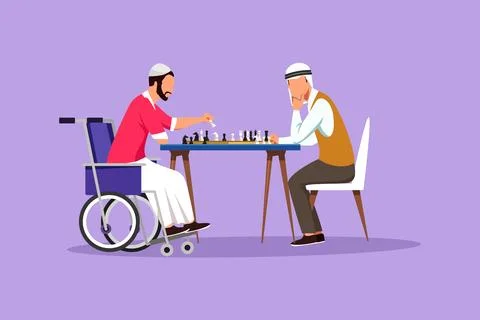 Cartoon flat style drawing disabled Arab man in wheelchair plays chess with.. Stock Illustration